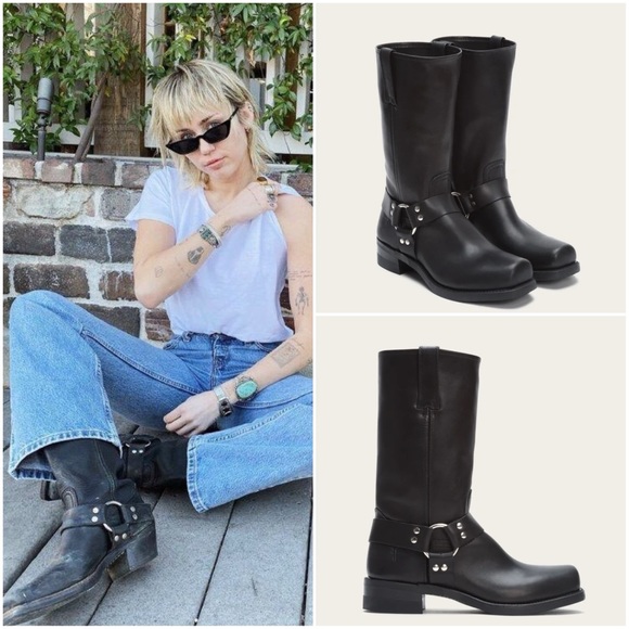 Frye Shoes - MILEY CYRUS Frye Harness 12R Black Cavalry Moto Square Toe Leather Cowboy Boot
